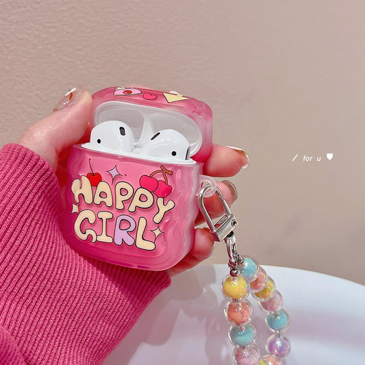 Pink Text Design AirPods Case with Cute Strap