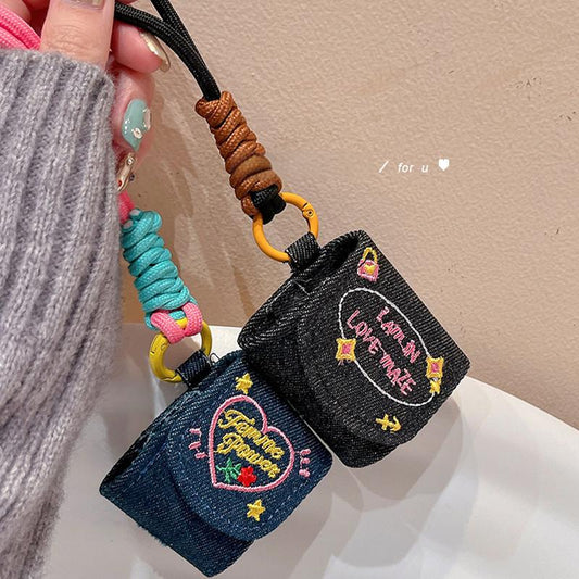 Denim Embroidered AirPods Case with Strap