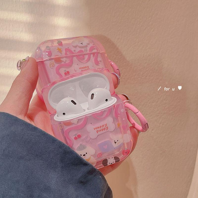 Cute Pink Cartoon Clear AirPods Case with Free Hook