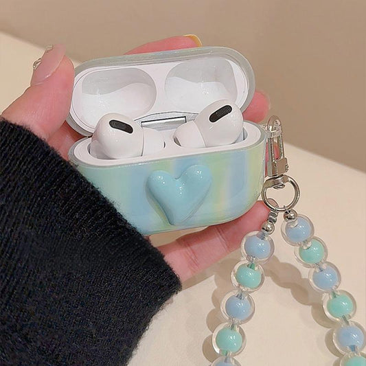 Blue Gradient Stripe AirPods Case with Beaded Strap