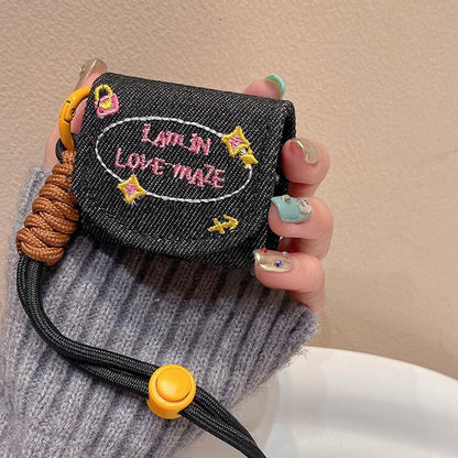 Denim Embroidered AirPods Case with Strap