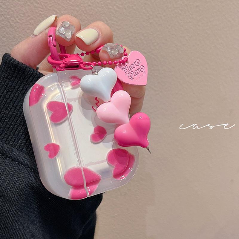 Pink Transparent Heart AirPods Case with Heart Charm Strap