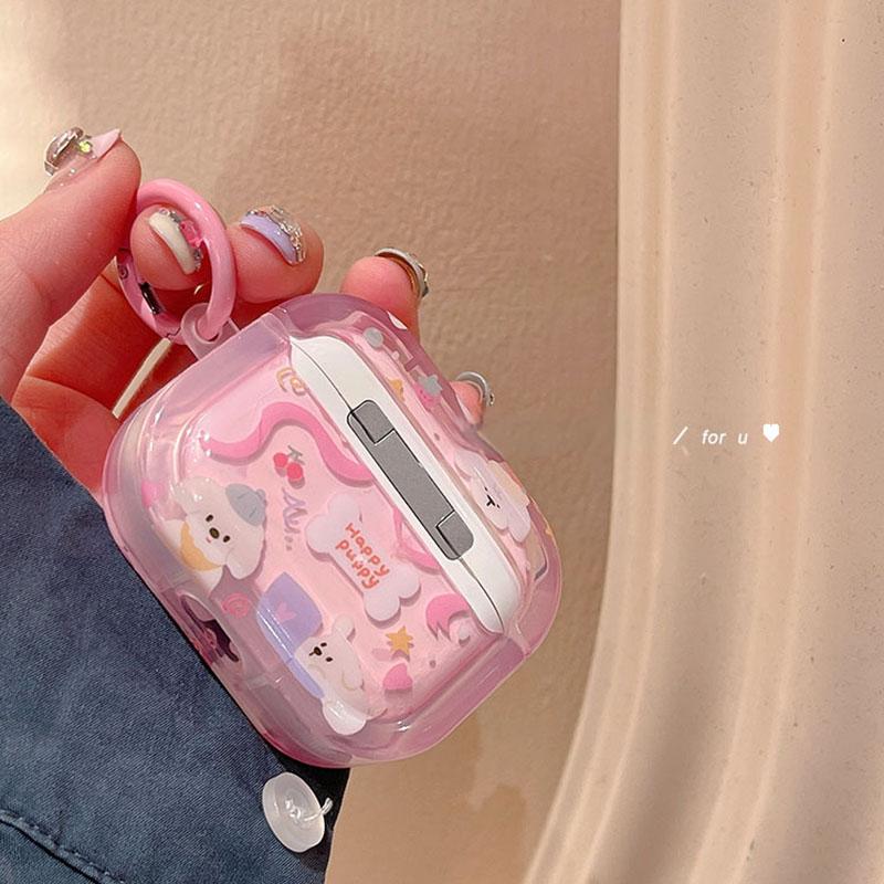 Cute Pink Cartoon Clear AirPods Case with Free Hook