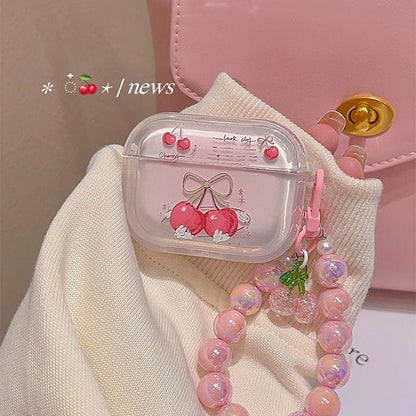 Pink Cherry AirPods Case with Beaded Strap – Clear Design