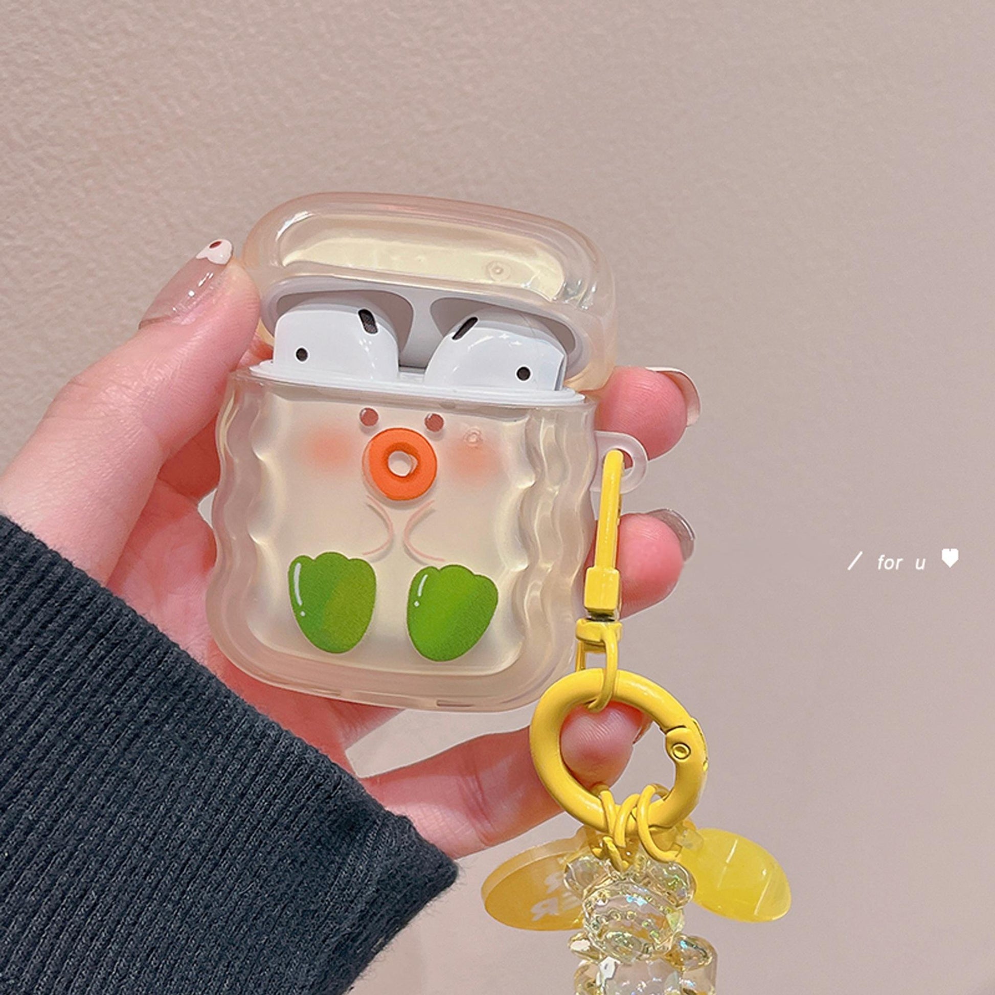 Cute Yellow Cartoon Duck AirPods Case with Heart Lanyard