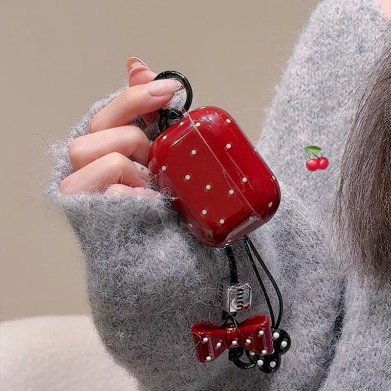 Cute Burgundy AirPods Case with Bow Lanyard