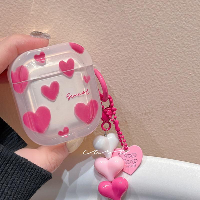 Pink Transparent Heart AirPods Case with Heart Charm Strap