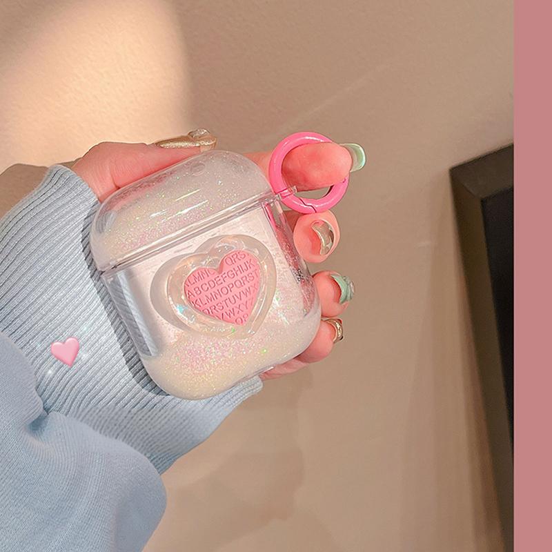 Minimalist Pink Heart Glitter AirPods Case – Liquid Sand Design