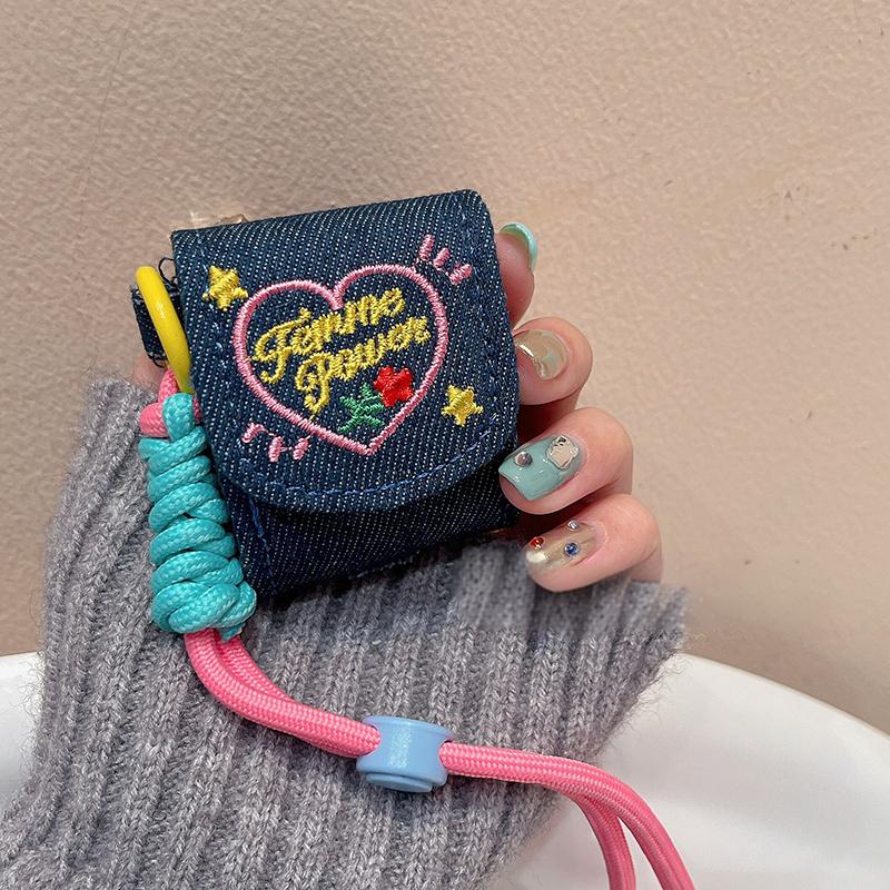 Denim Embroidered AirPods Case with Strap