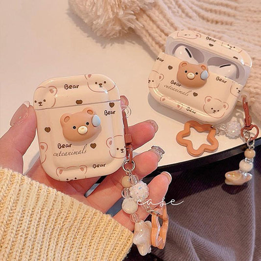 Cute 3D Cartoon Bear AirPods Case with Lanyard