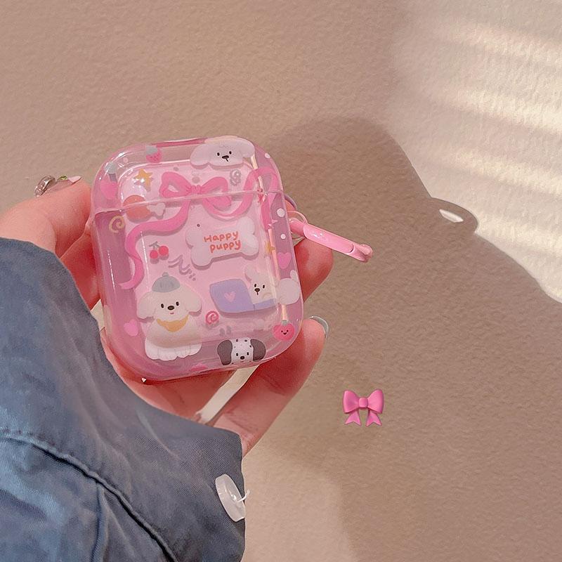 Cute Pink Cartoon Clear AirPods Case with Free Hook