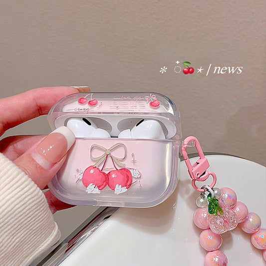 Pink Cherry AirPods Case with Beaded Strap – Clear Design