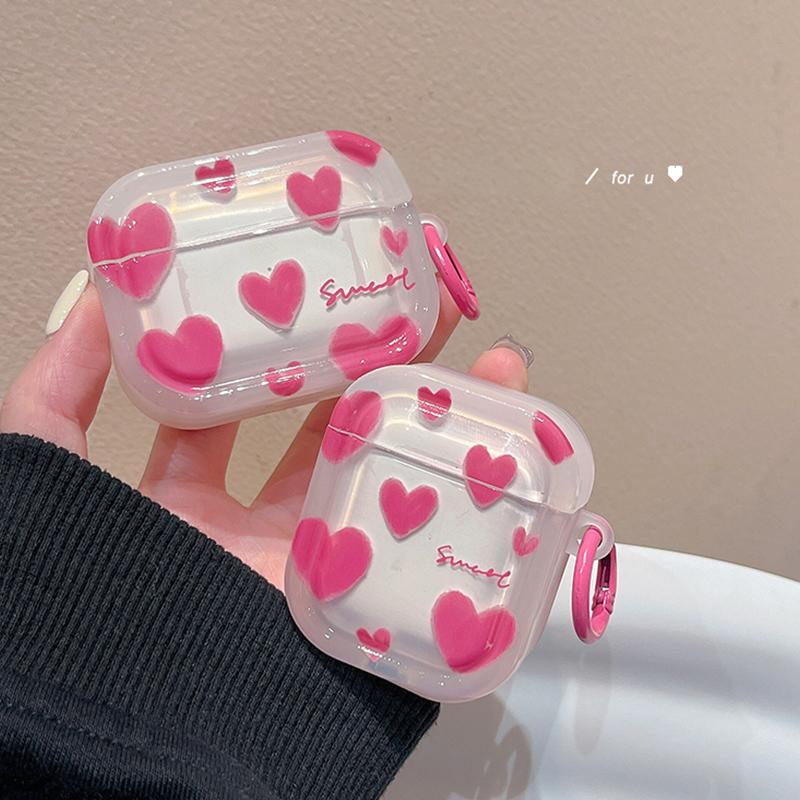 Pink Transparent Heart AirPods Case with Heart Charm Strap