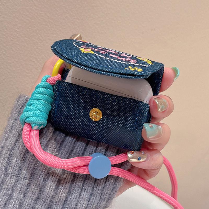 Denim Embroidered AirPods Case with Strap